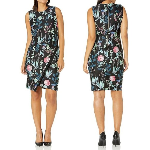 Tommy Hilfiger Sleeveless Dark Floral Sheath Dress Size 4 Party Asymmetric Hem - Picture 1 of 14